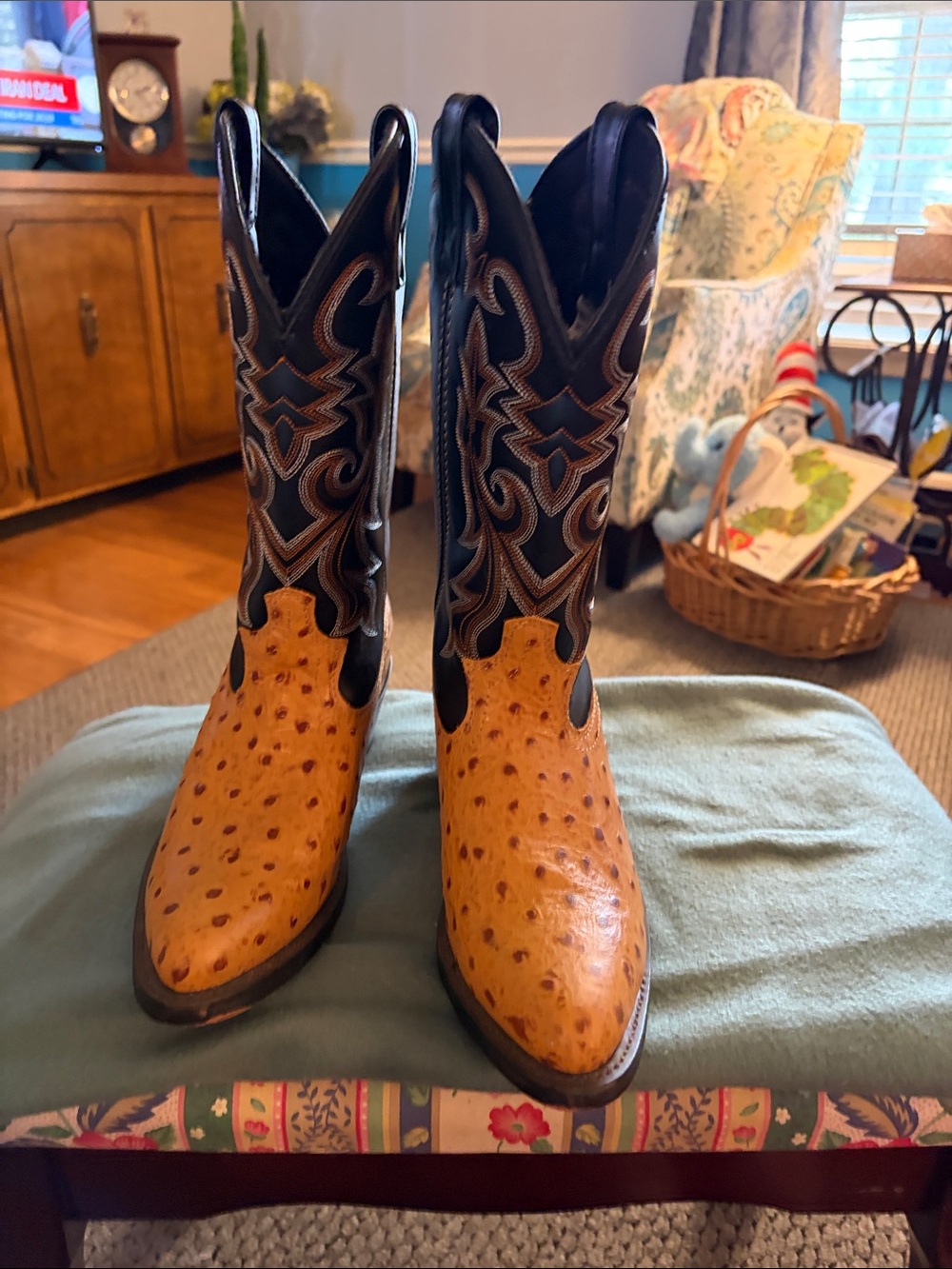 Western Ostrich-Print Leather Cowboy Boots in Tan & Black